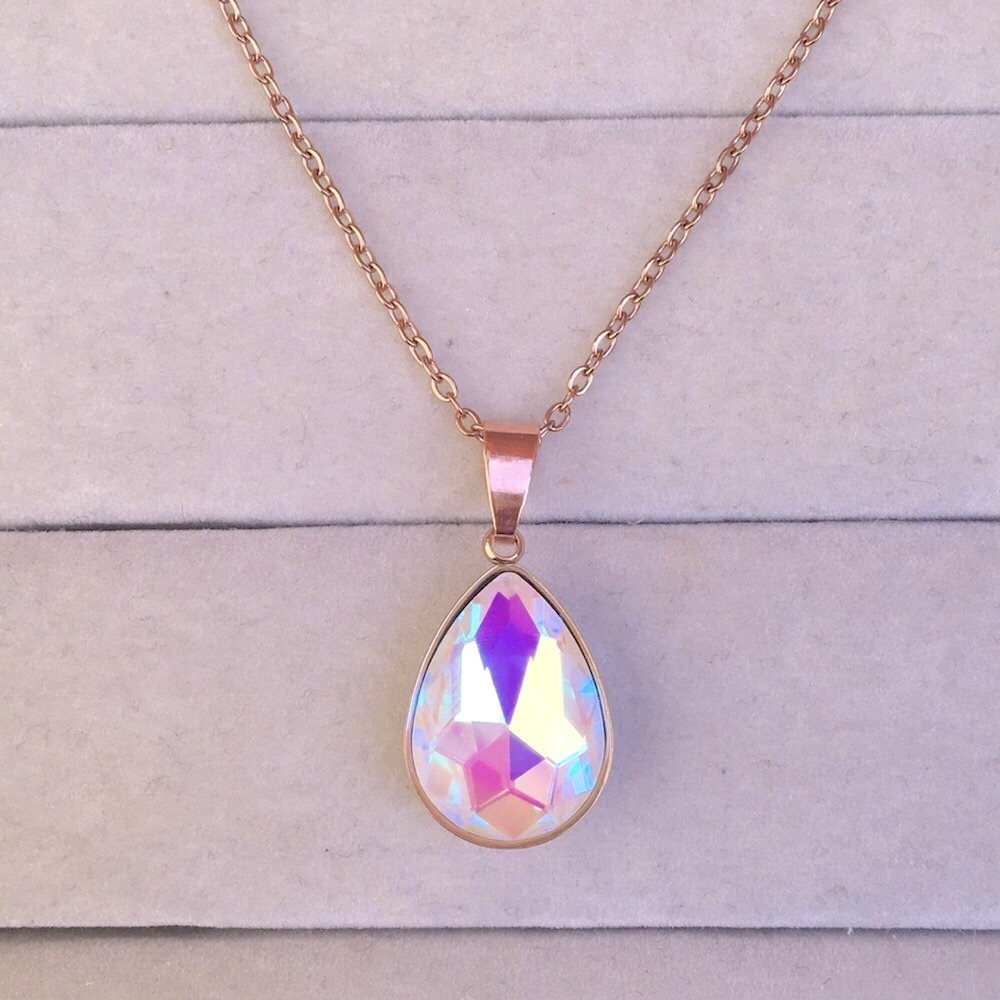 White Aurora Borealis + Rose Gold Pear Crystal Drop Pendant Necklace